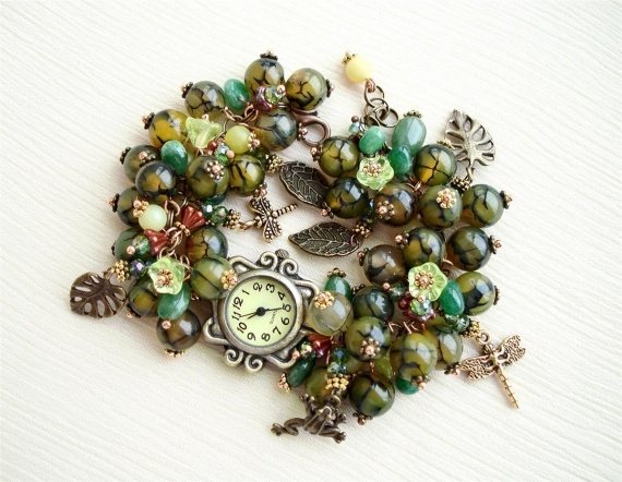 НЕбисерная лавка чудес: Женские часы с браслетом из натуральных камней Оливковый рай